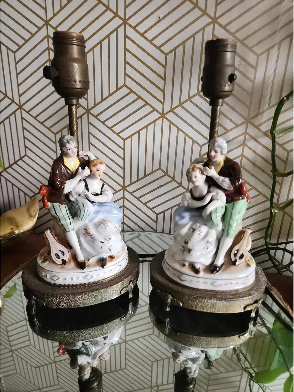 Vintage 1940s Pair of Porcelain Colonial Figural Lamps on Ornate Brass Bases